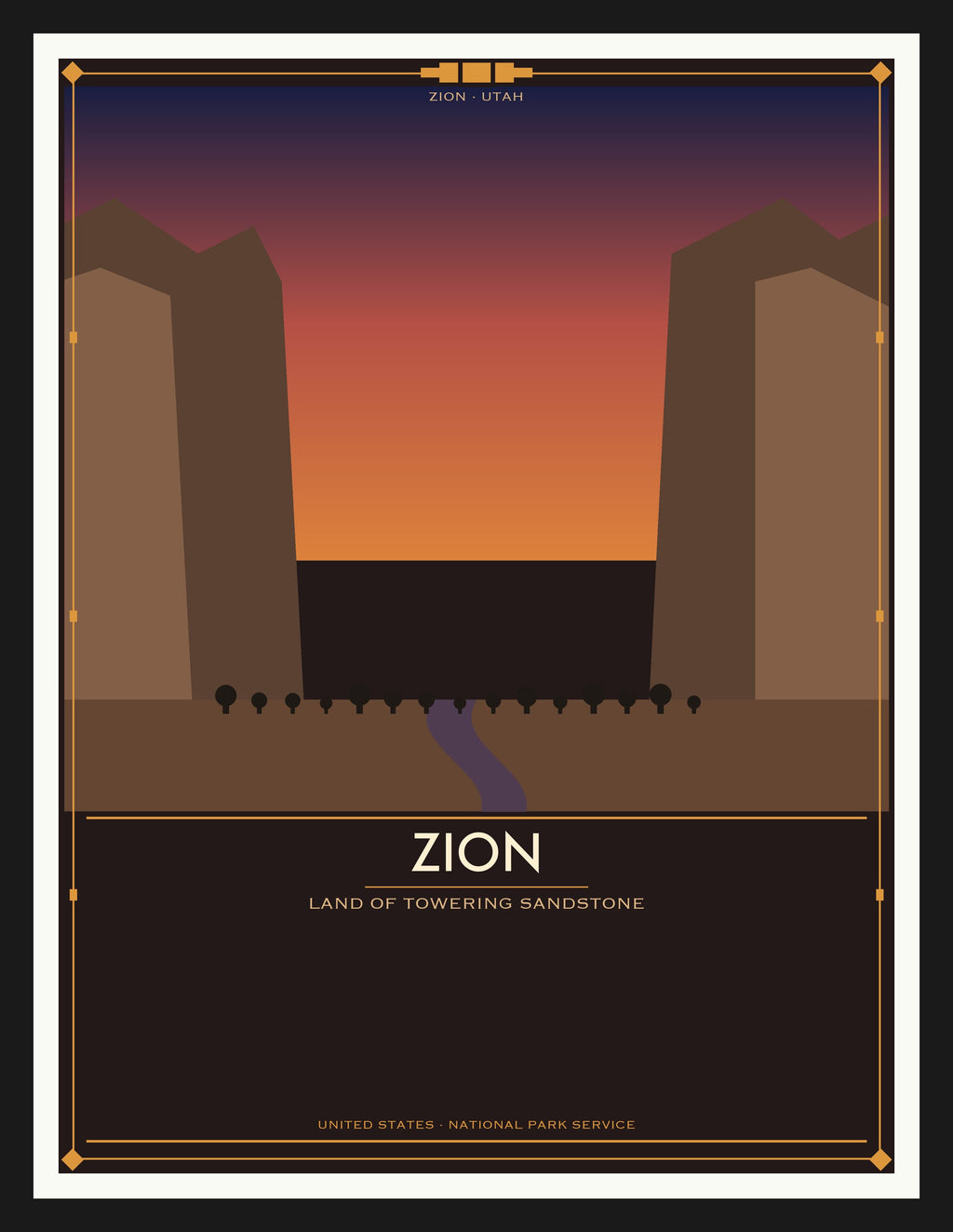 Zion National Park - Vintage WPA Style Travel Poster — Black Frame 18×24" Wall Art