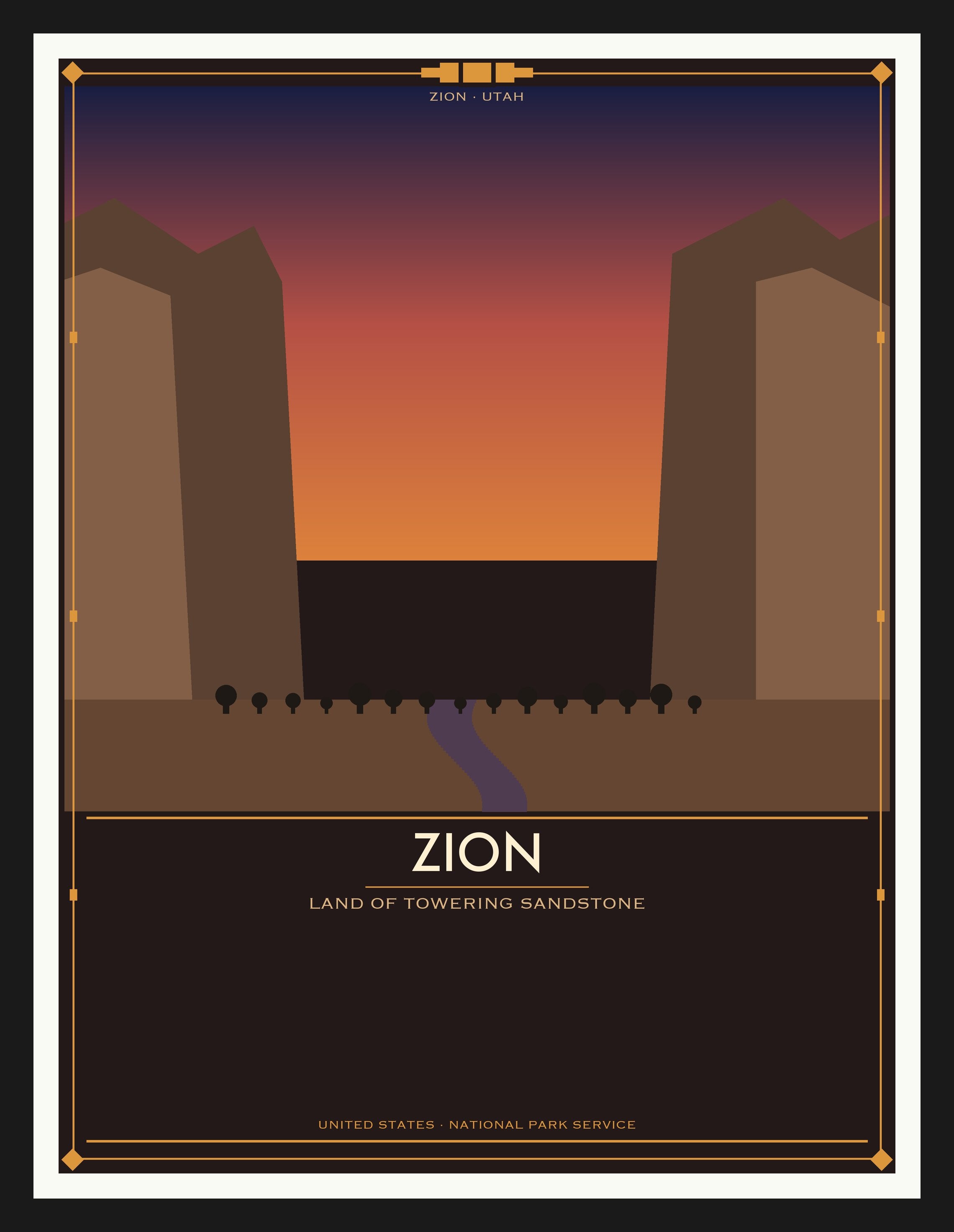Zion National Park - Vintage WPA Style Travel Poster — Black Frame 18×24" Wall Art