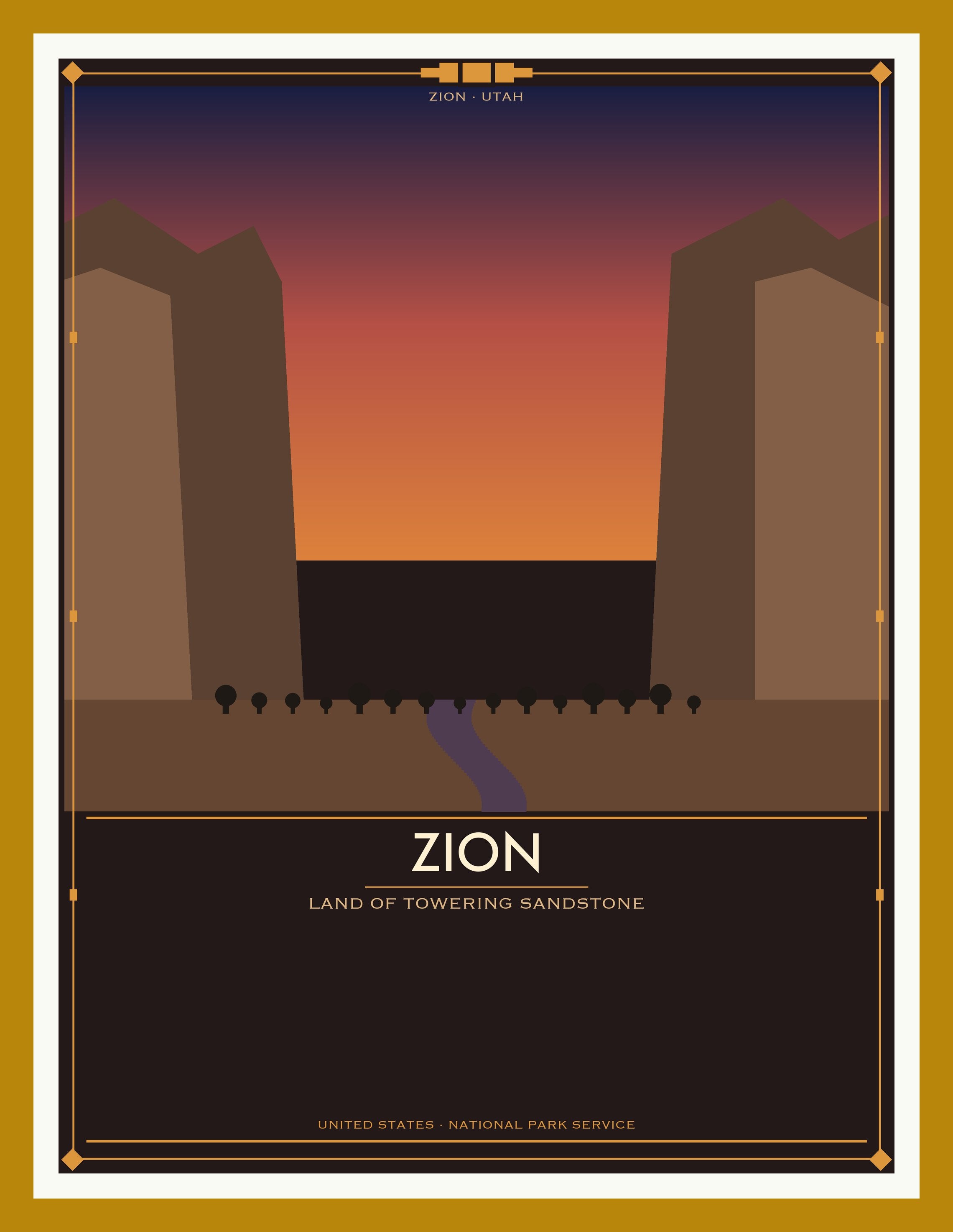 Zion National Park - Vintage WPA Style Travel Poster — Oak Frame 18×24" Wall Art