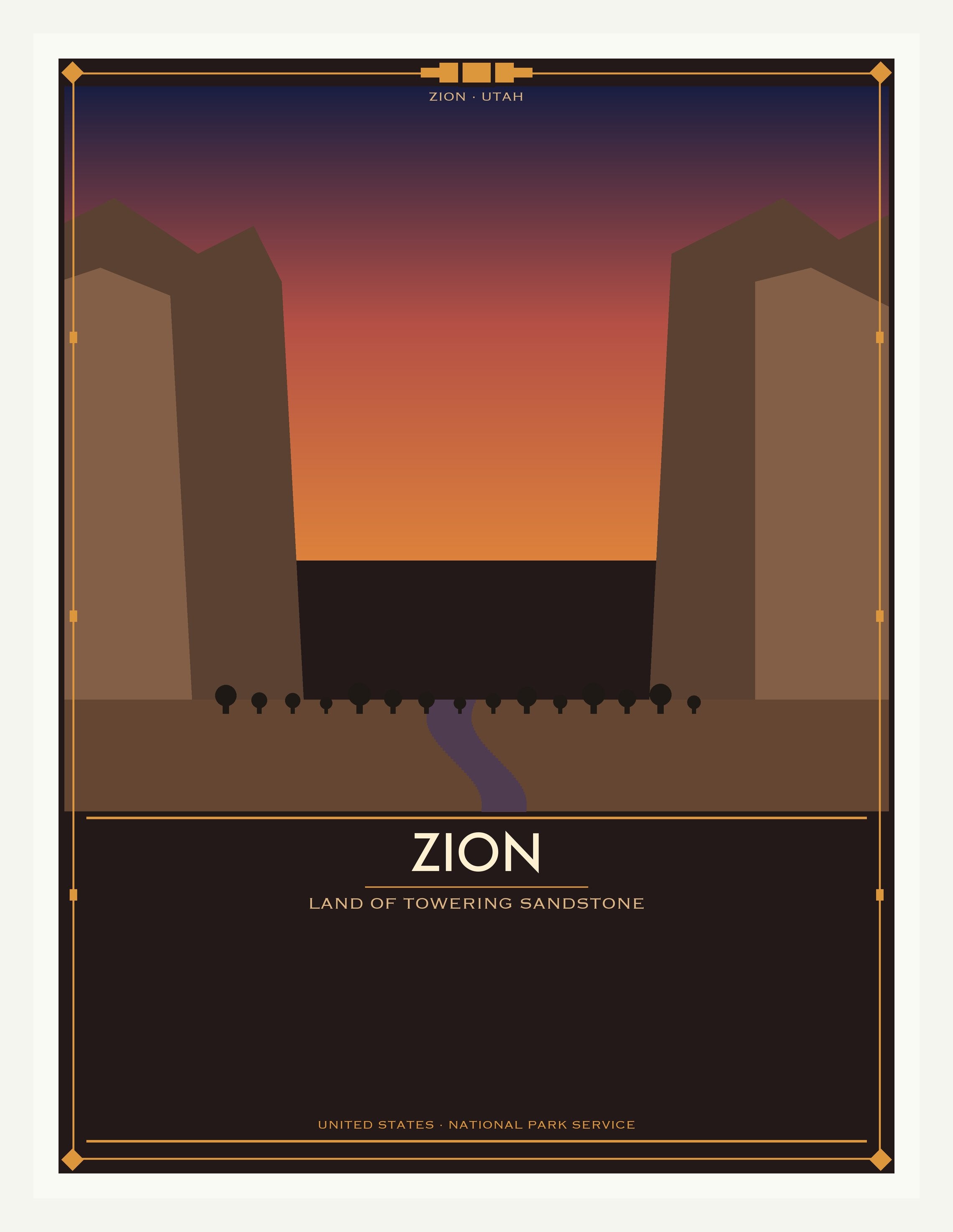 Zion National Park - Vintage WPA Style Travel Poster — White Frame 18×24" Wall Art