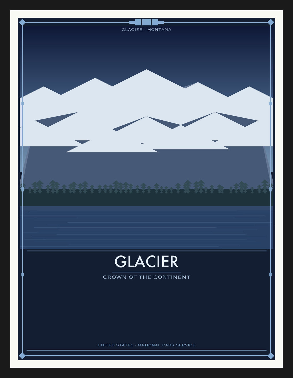 Glacier National Park - Vintage WPA Style Travel Poster — Black Frame 18×24" Wall Art