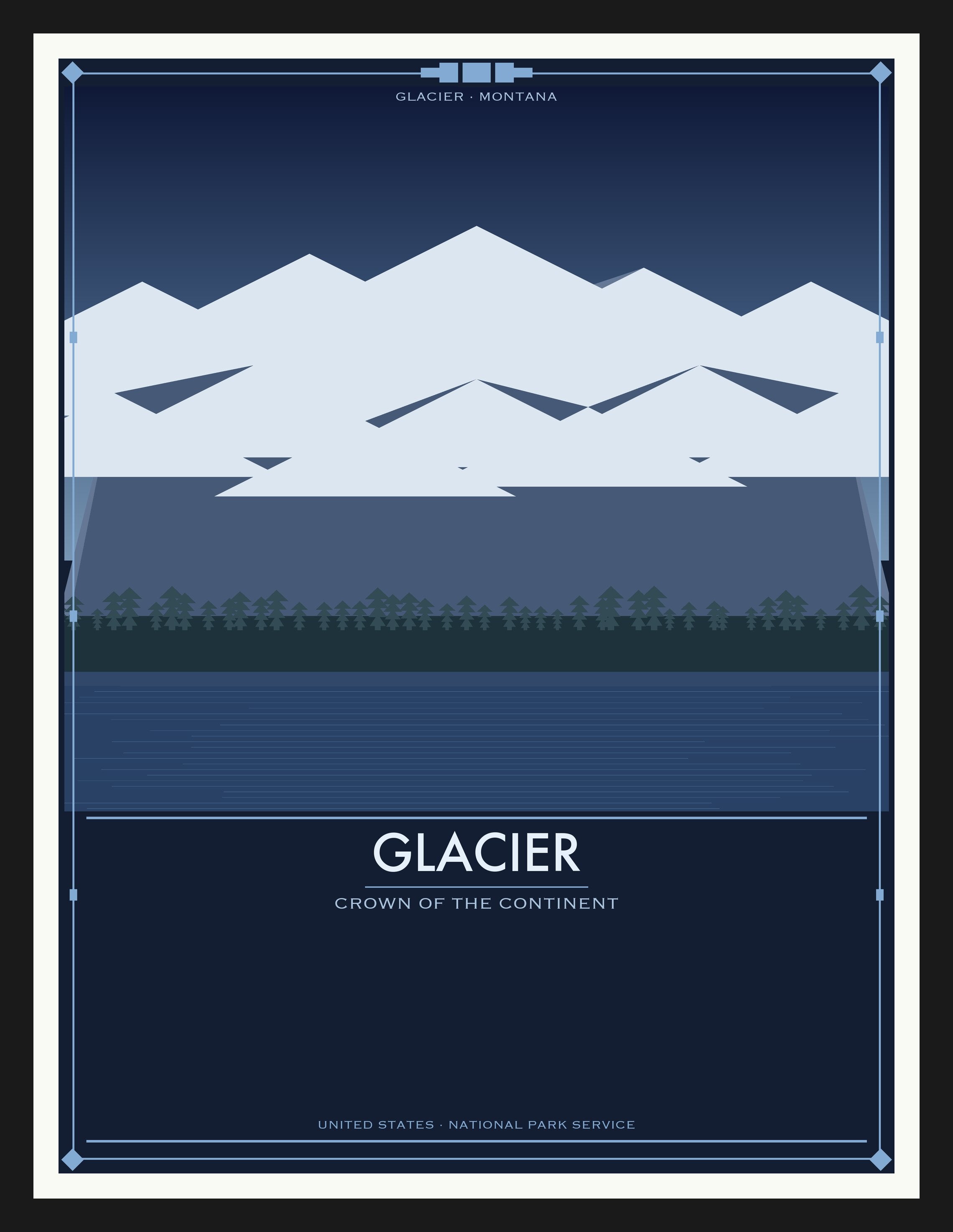 Glacier National Park - Vintage WPA Style Travel Poster — Black Frame 18×24" Wall Art