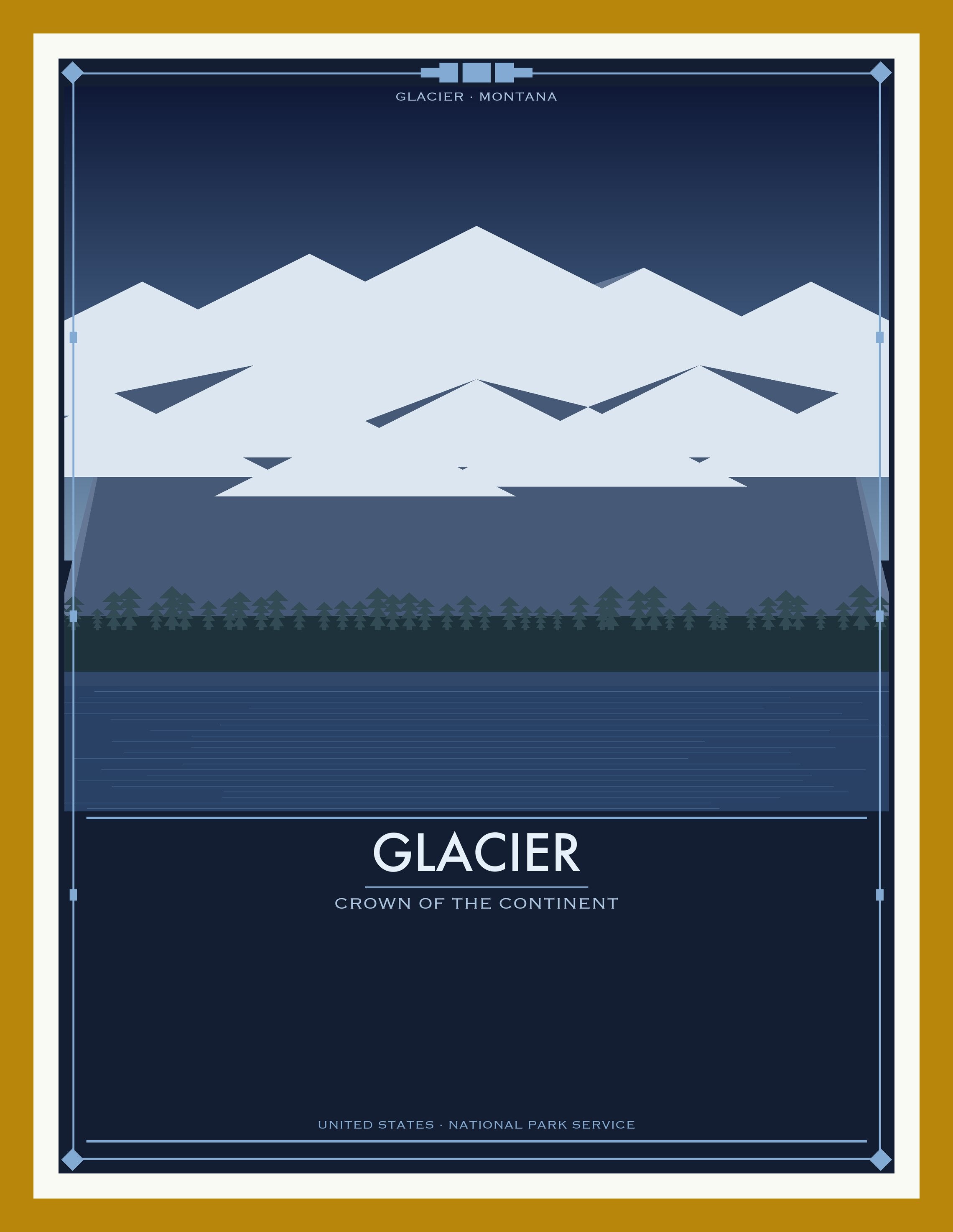 Glacier National Park - Vintage WPA Style Travel Poster — Oak Frame 18×24" Wall Art