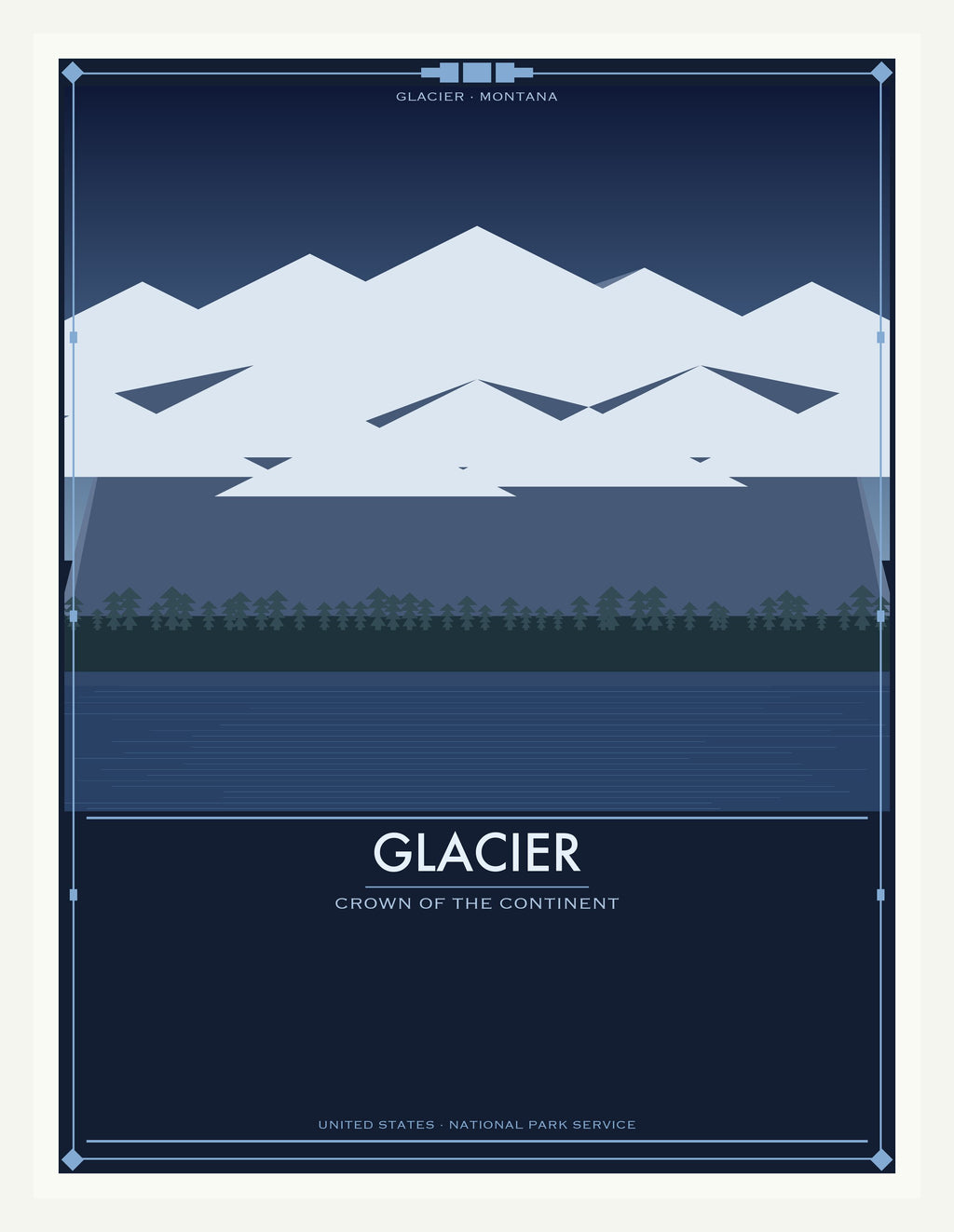 Glacier National Park - Vintage WPA Style Travel Poster — White Frame 18×24" Wall Art