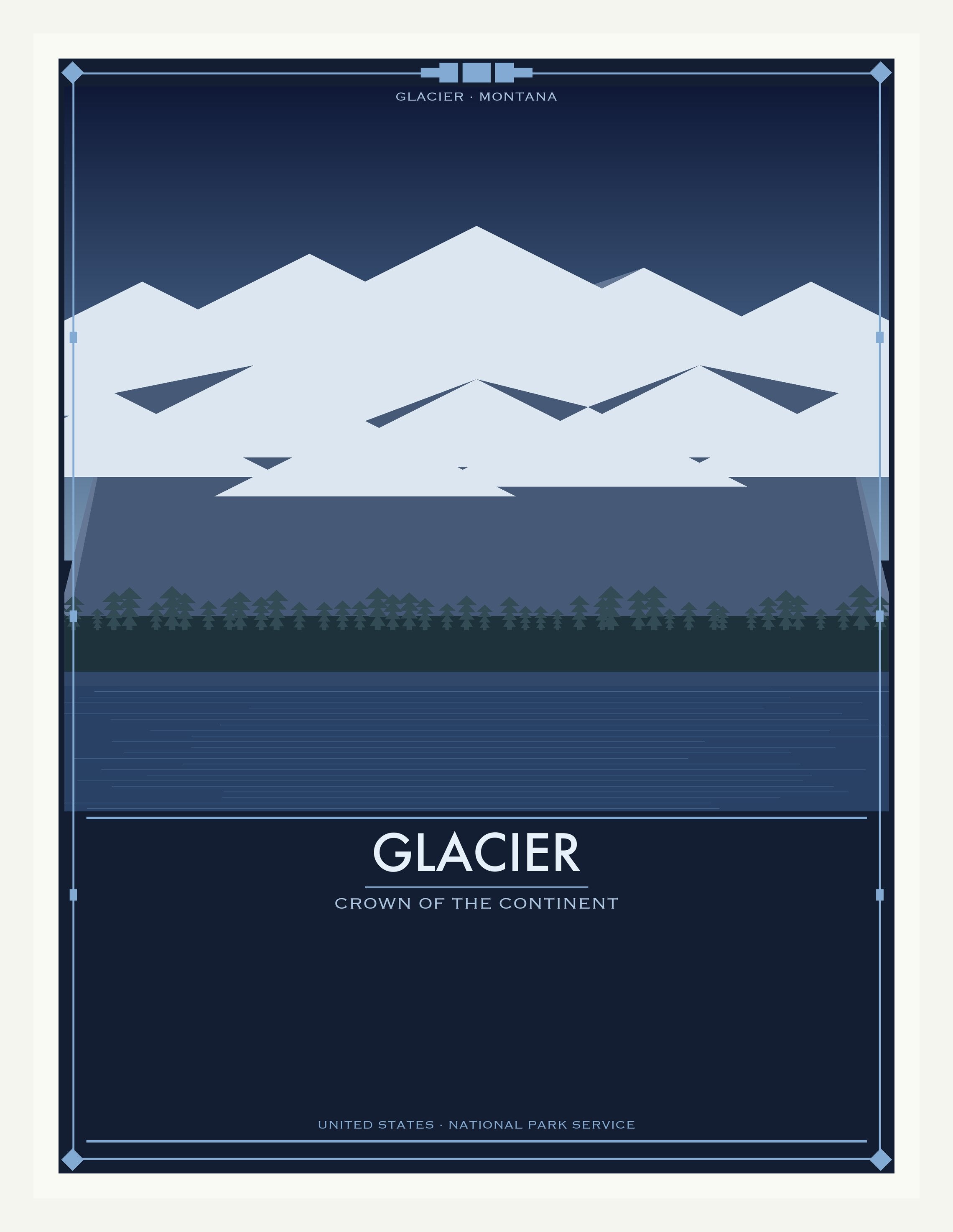Glacier National Park - Vintage WPA Style Travel Poster — White Frame 18×24" Wall Art