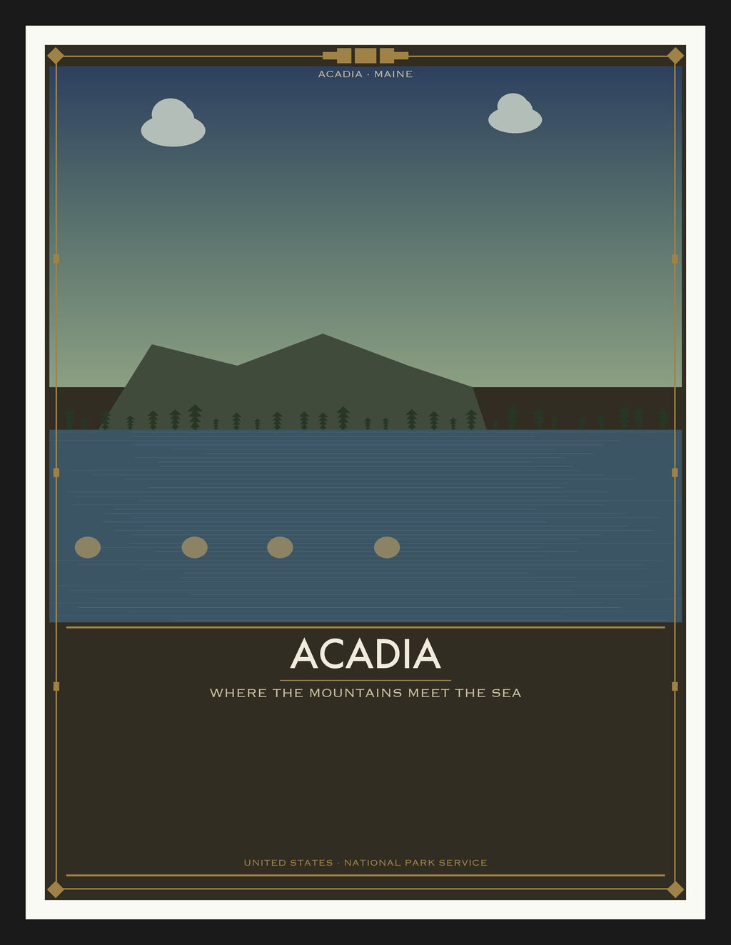 Acadia National Park - Vintage WPA Style Travel Poster — Black Frame 18×24" Wall Art