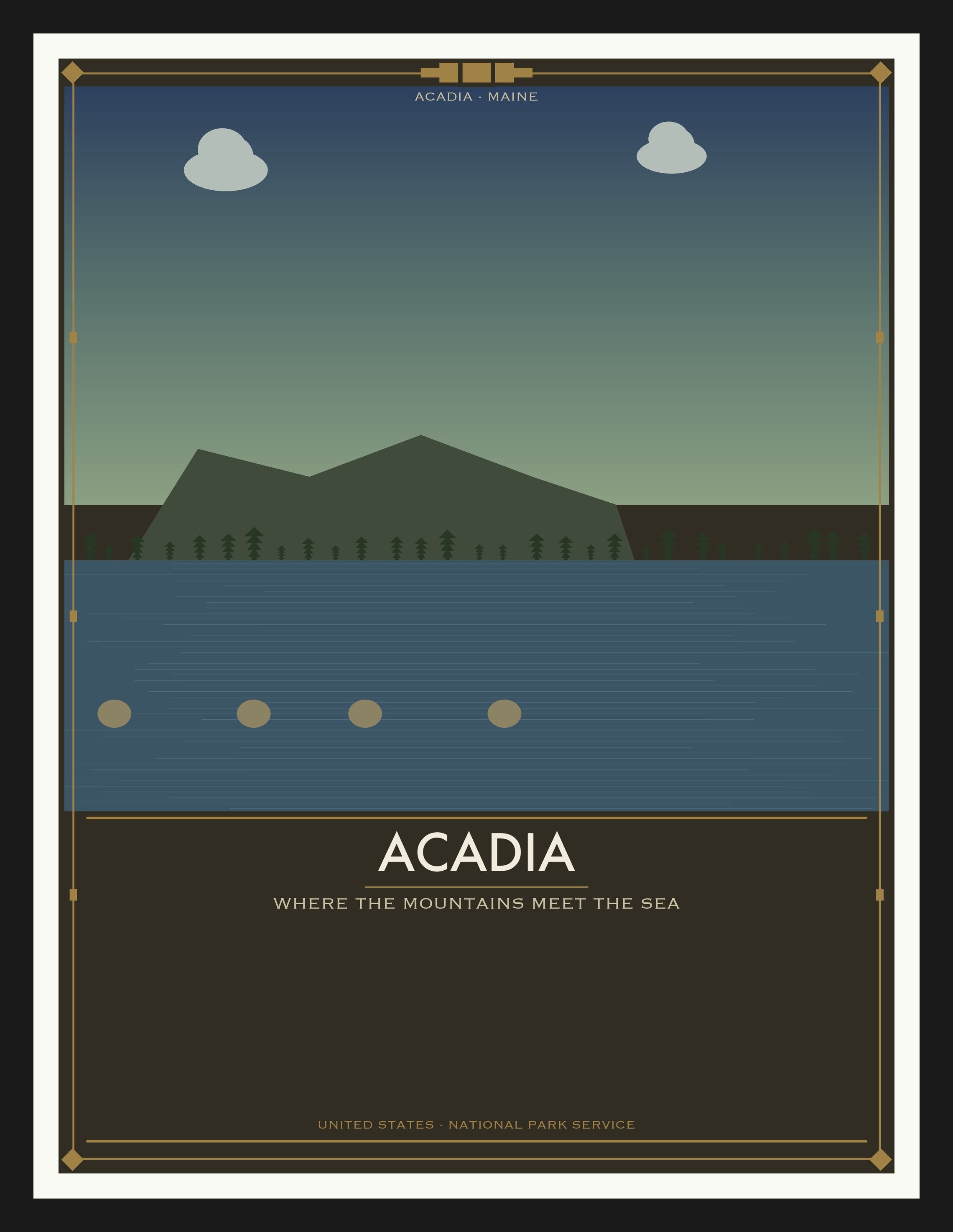 Acadia National Park - Vintage WPA Style Travel Poster — Black Frame 18×24" Wall Art