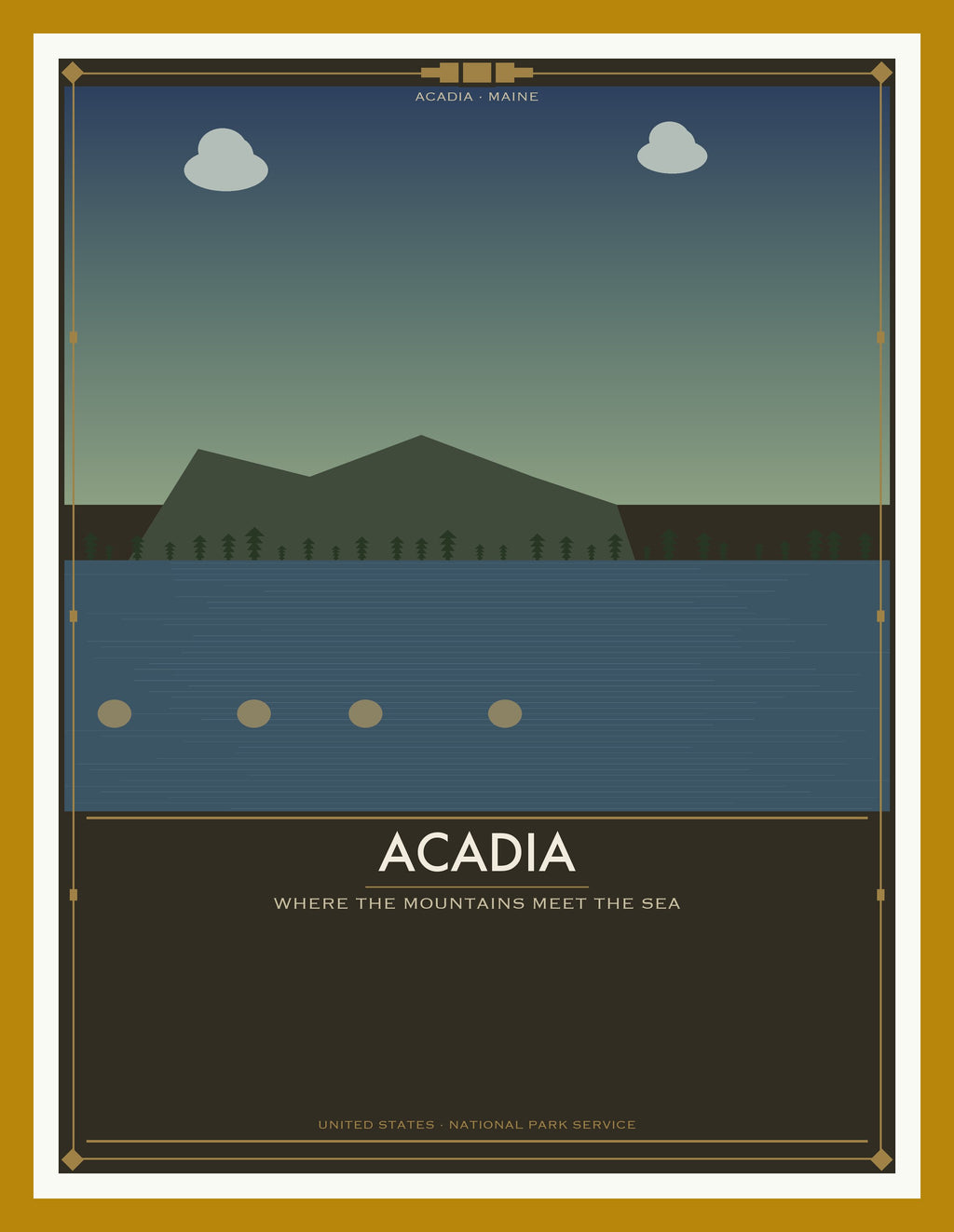 Acadia National Park - Vintage WPA Style Travel Poster — Oak Frame 18×24" Wall Art