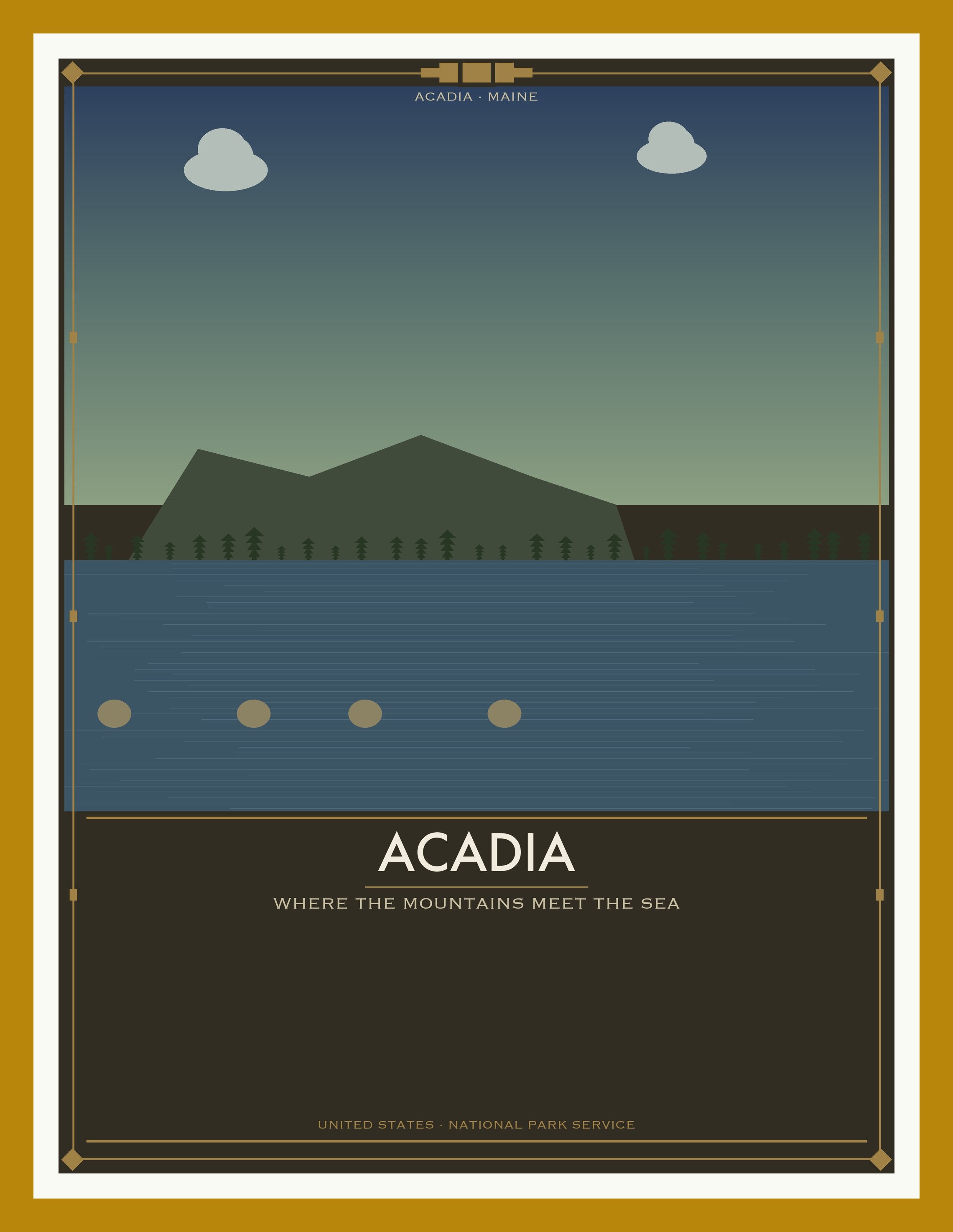 Acadia National Park - Vintage WPA Style Travel Poster — Oak Frame 18×24" Wall Art