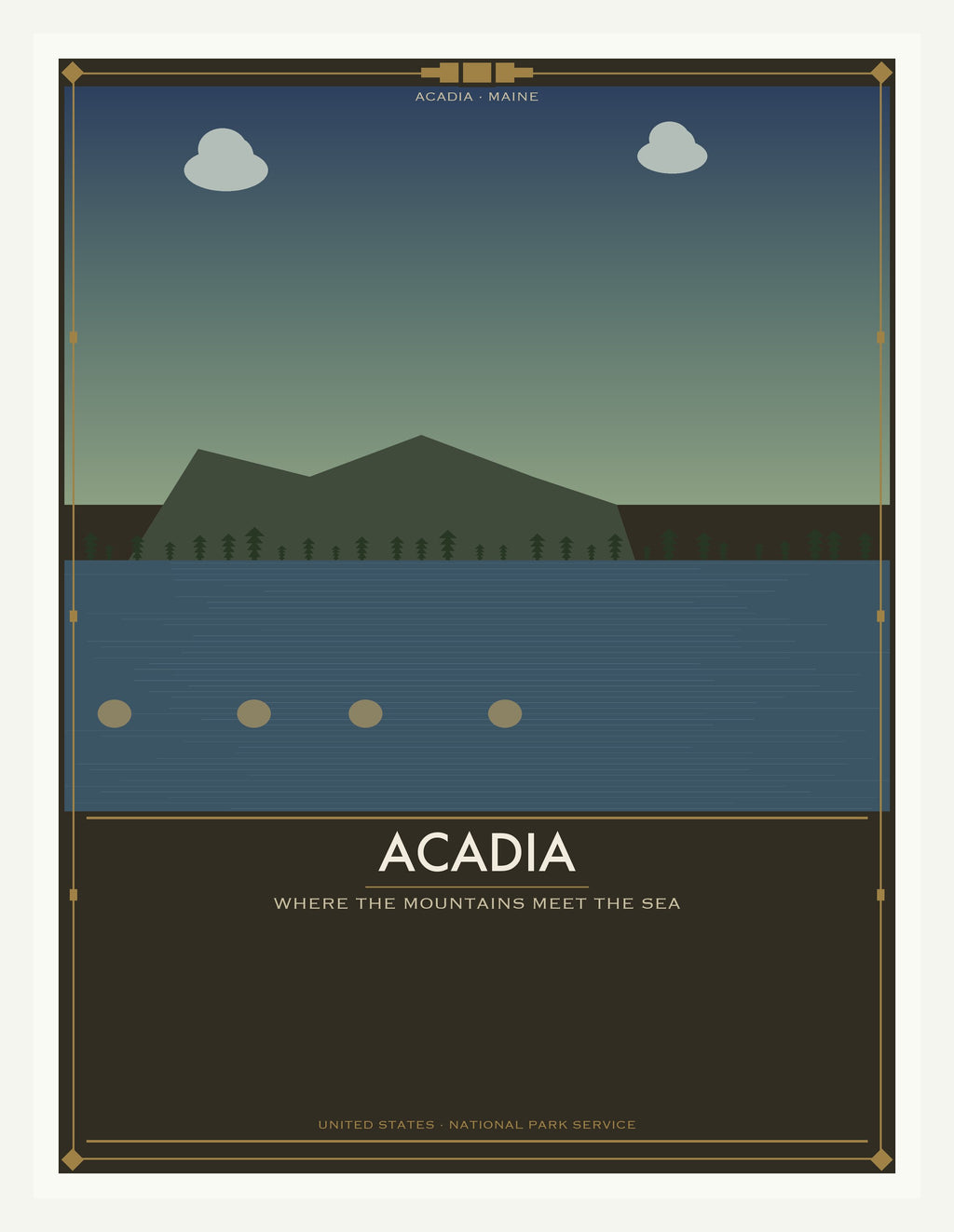 Acadia National Park - Vintage WPA Style Travel Poster — White Frame 18×24" Wall Art