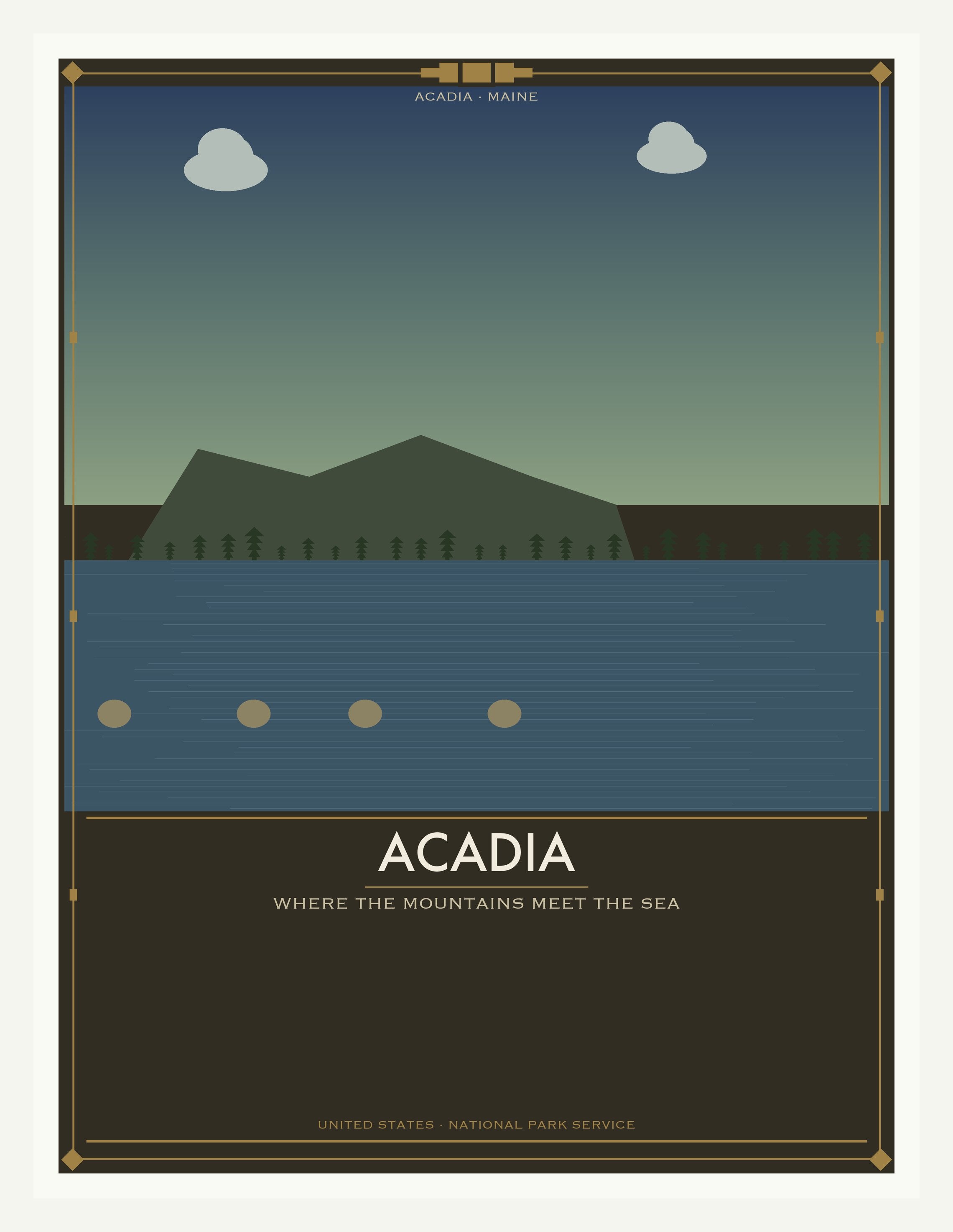 Acadia National Park - Vintage WPA Style Travel Poster — White Frame 18×24" Wall Art