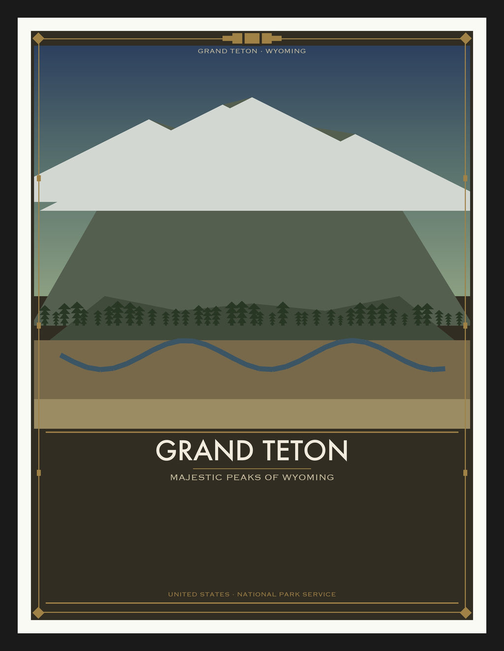 Grand Teton National Park - Vintage WPA Style Travel Poster — Black Frame 18×24" Wall Art