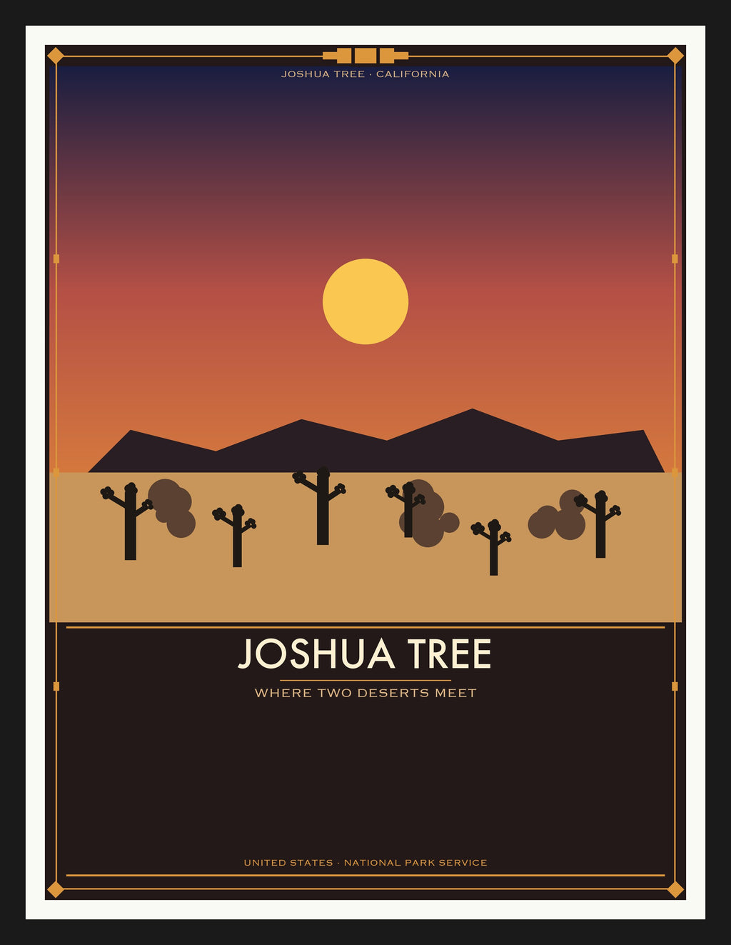 Joshua Tree National Park - Vintage WPA Style Travel Poster — Black Frame 18×24" Wall Art