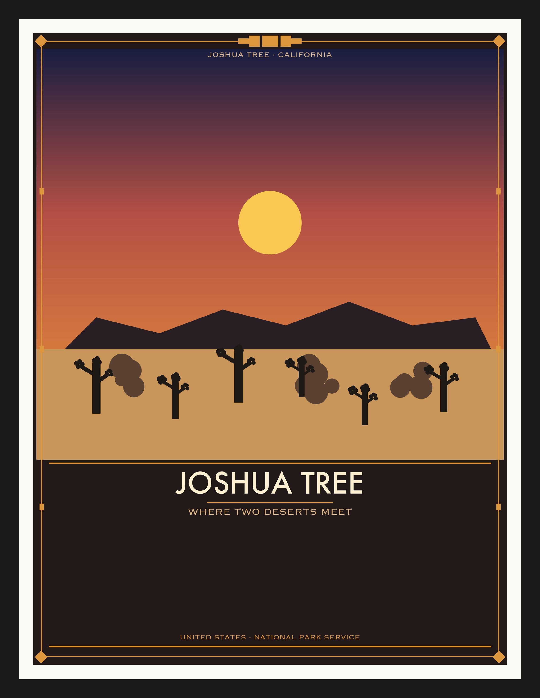 Joshua Tree National Park - Vintage WPA Style Travel Poster — Black Frame 18×24" Wall Art