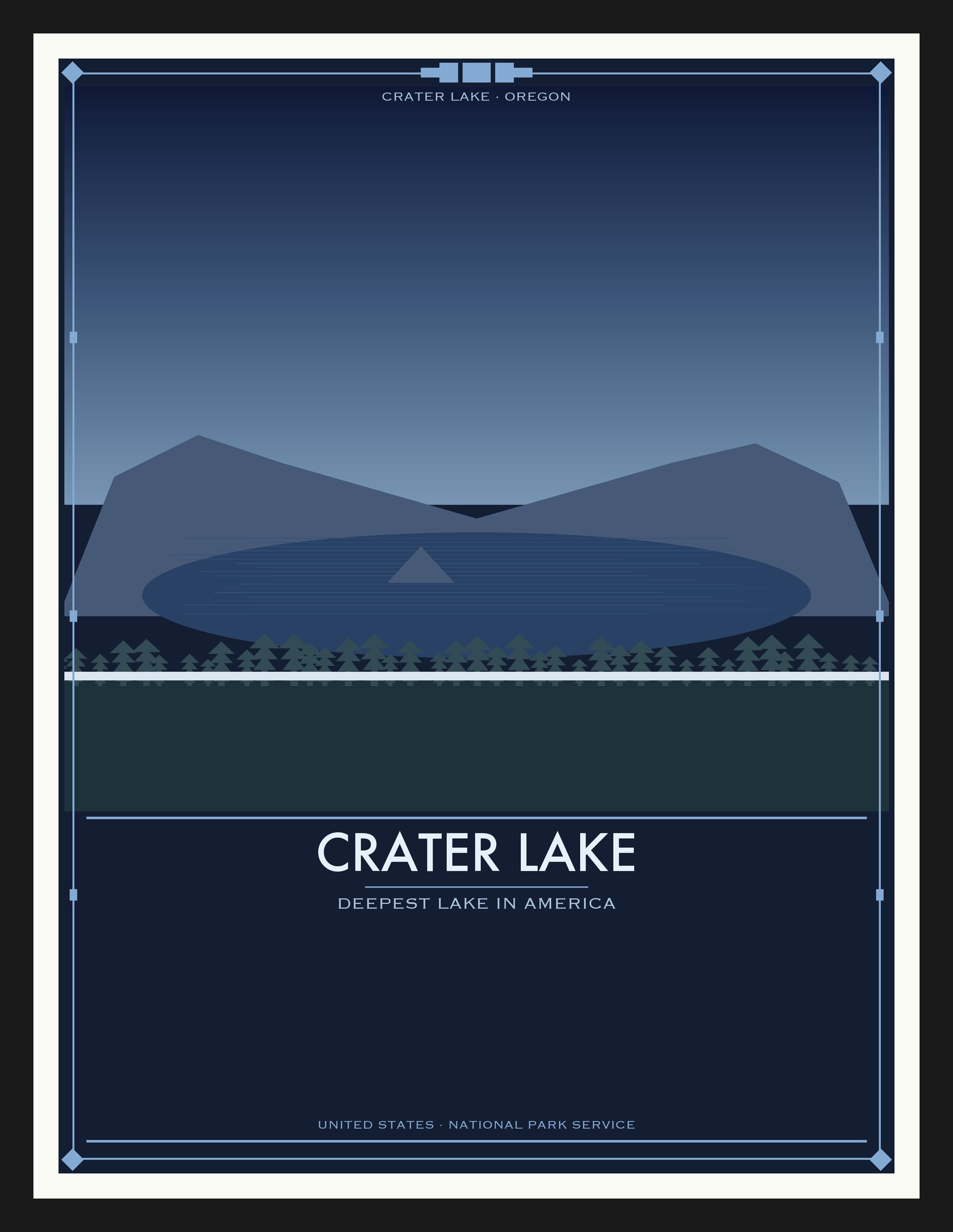 Crater Lake National Park - Vintage WPA Style Travel Poster — Black Frame 18×24" Wall Art