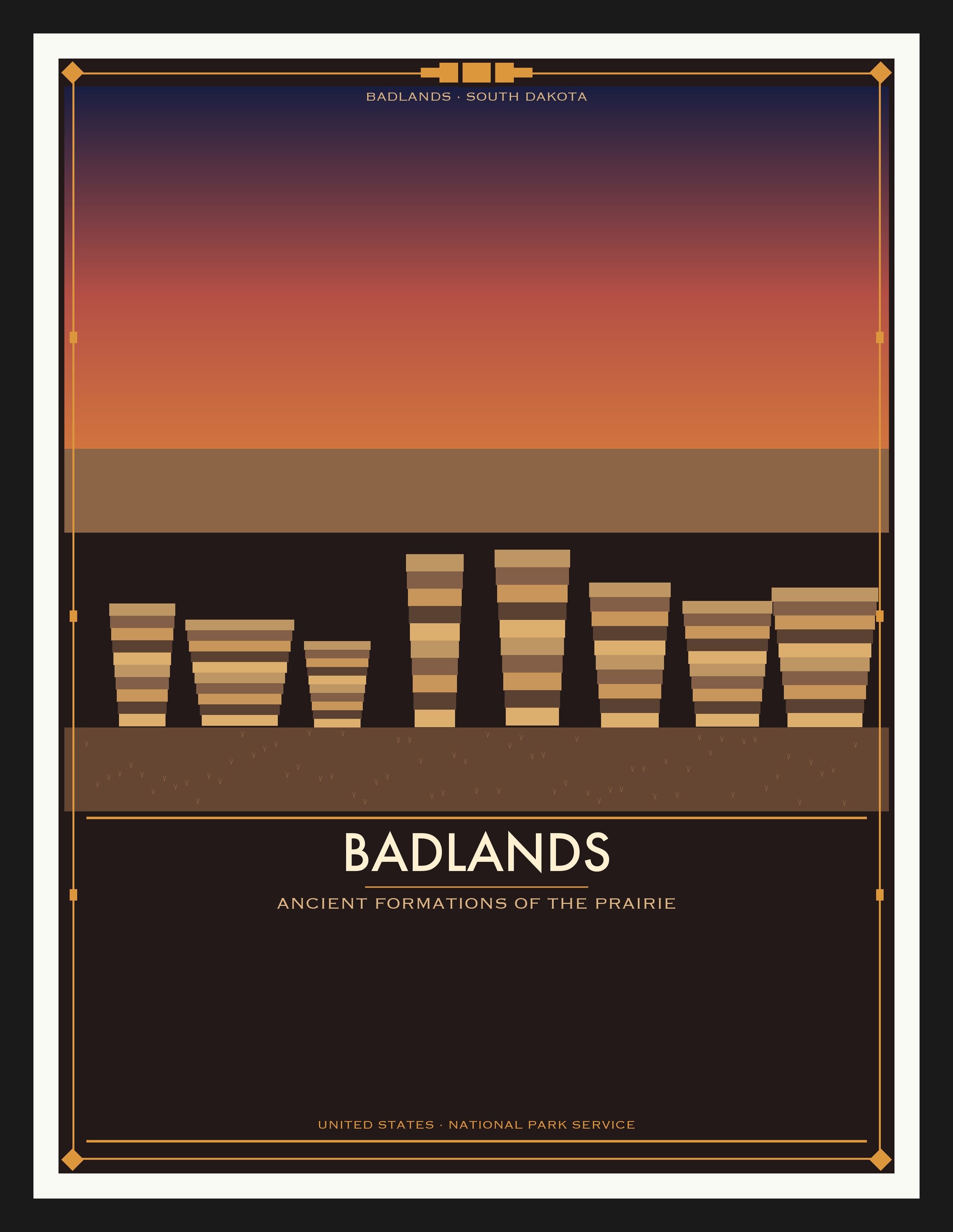 Badlands National Park - Vintage WPA Style Travel Poster — Black Frame 18×24" Wall Art