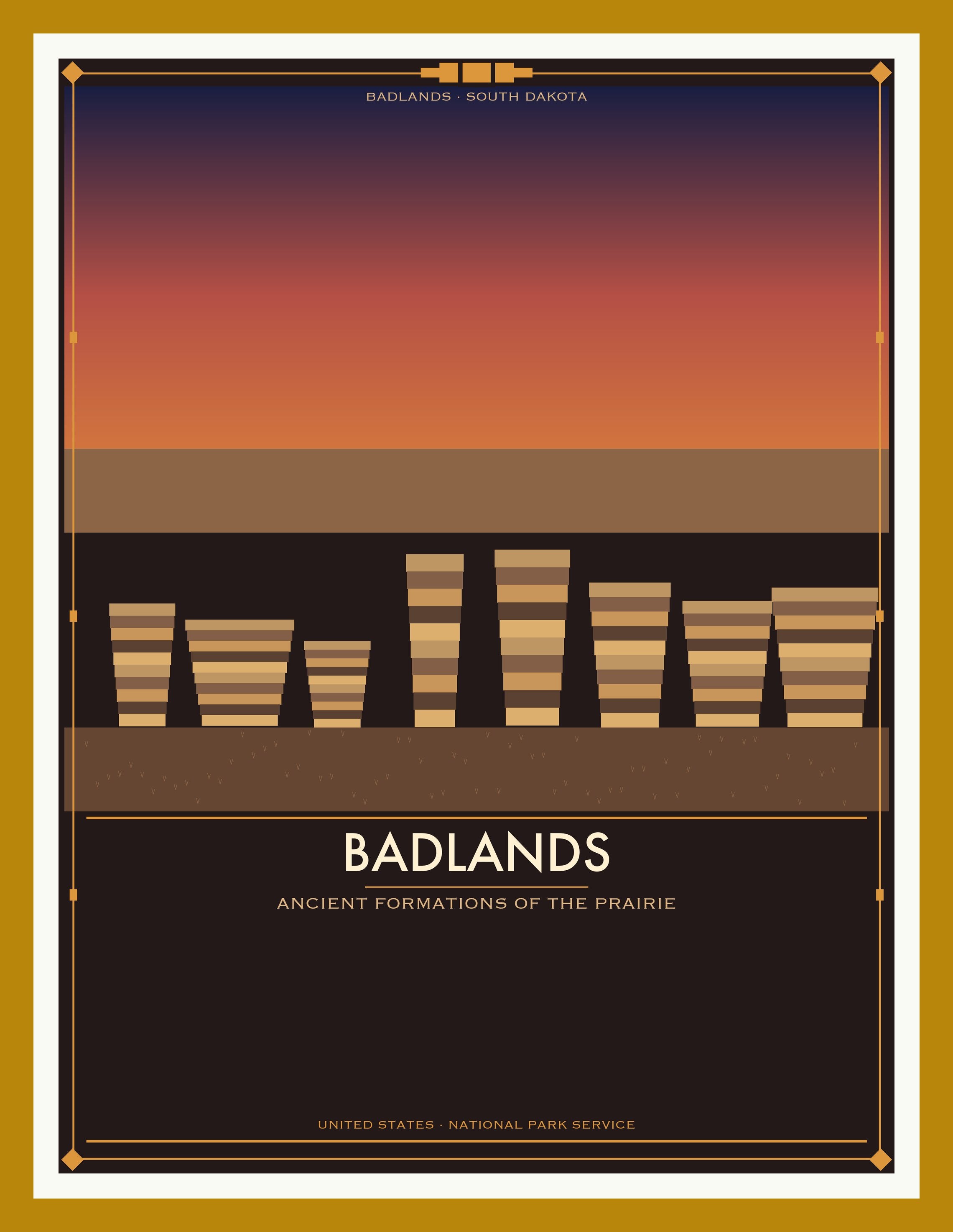 Badlands National Park - Vintage WPA Style Travel Poster — Oak Frame 18×24" Wall Art