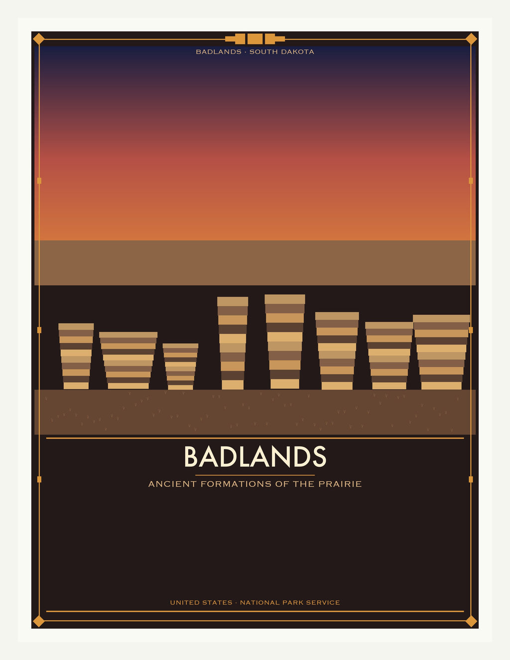 Badlands National Park - Vintage WPA Style Travel Poster — White Frame 18×24" Wall Art