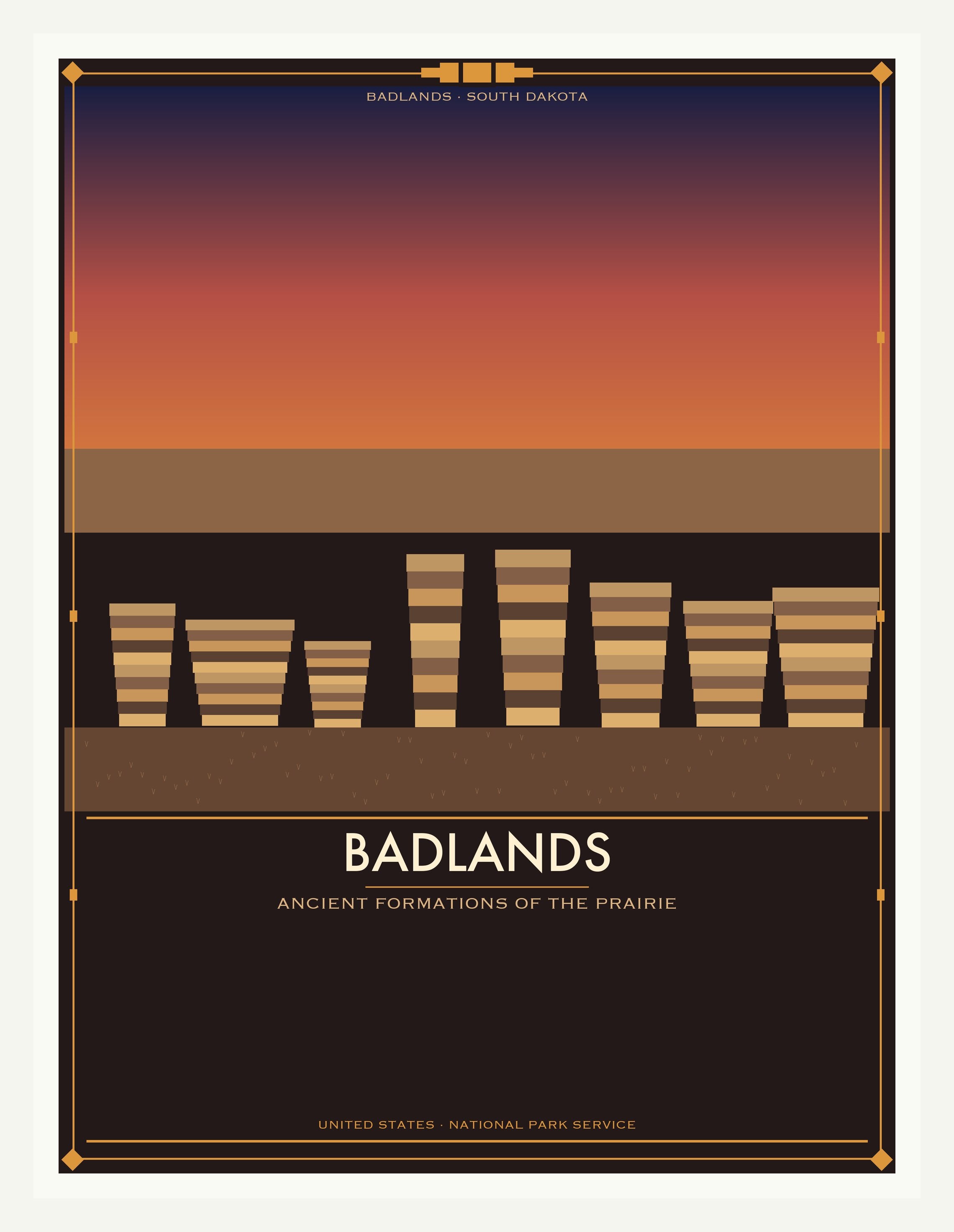 Badlands National Park - Vintage WPA Style Travel Poster — White Frame 18×24" Wall Art