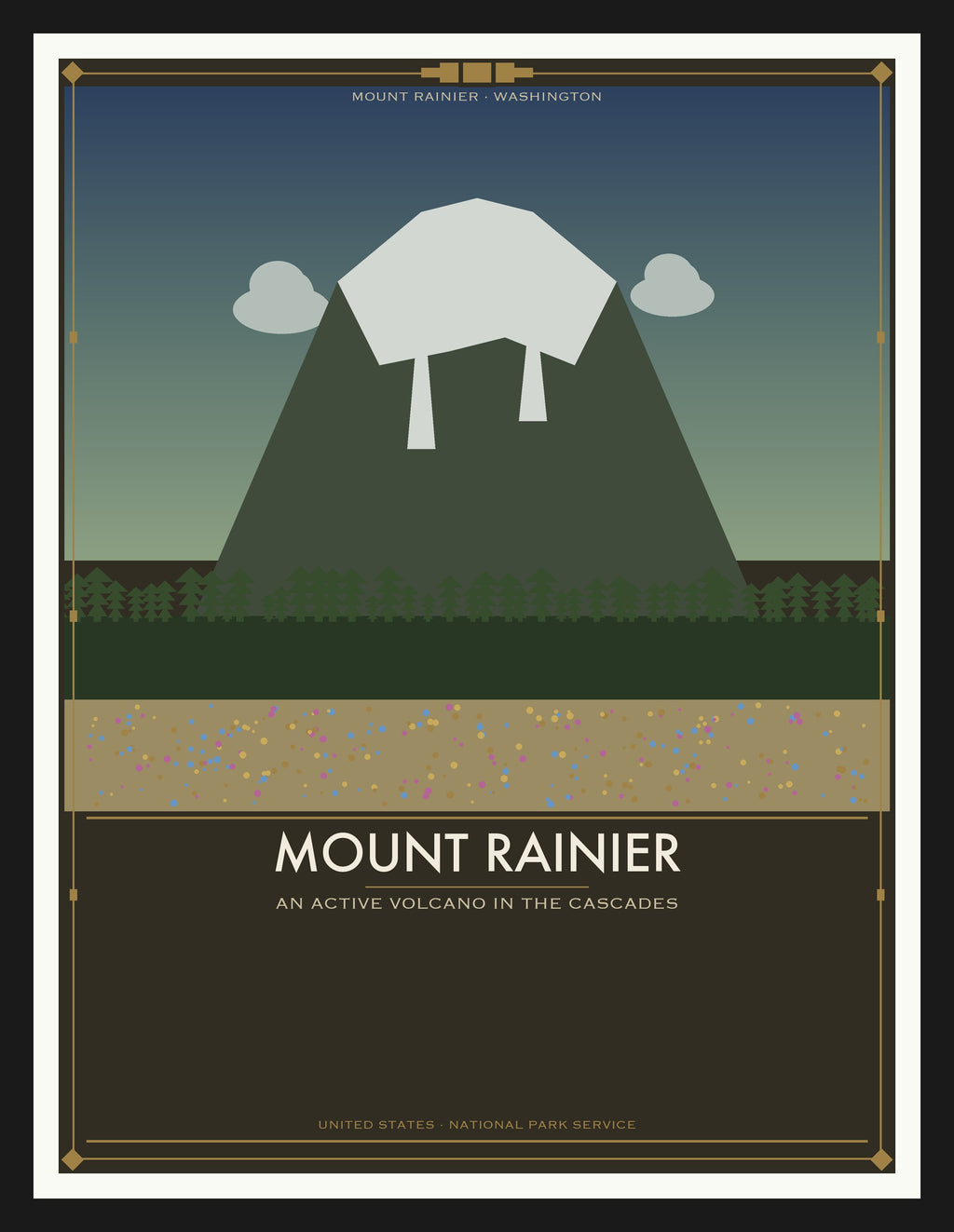 Mount Rainier National Park - Vintage WPA Style Travel Poster — Black Frame 18×24" Wall Art