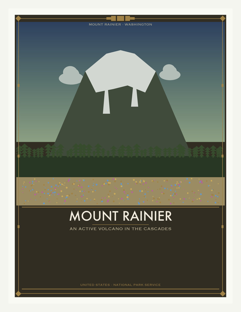 Mount Rainier National Park - Vintage WPA Style Travel Poster — White Frame 18×24" Wall Art