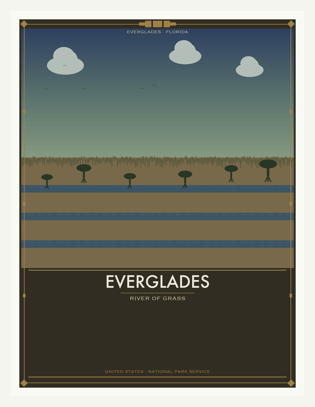 Everglades National Park - Vintage WPA Style Travel Poster — White Frame 18×24" Wall Art