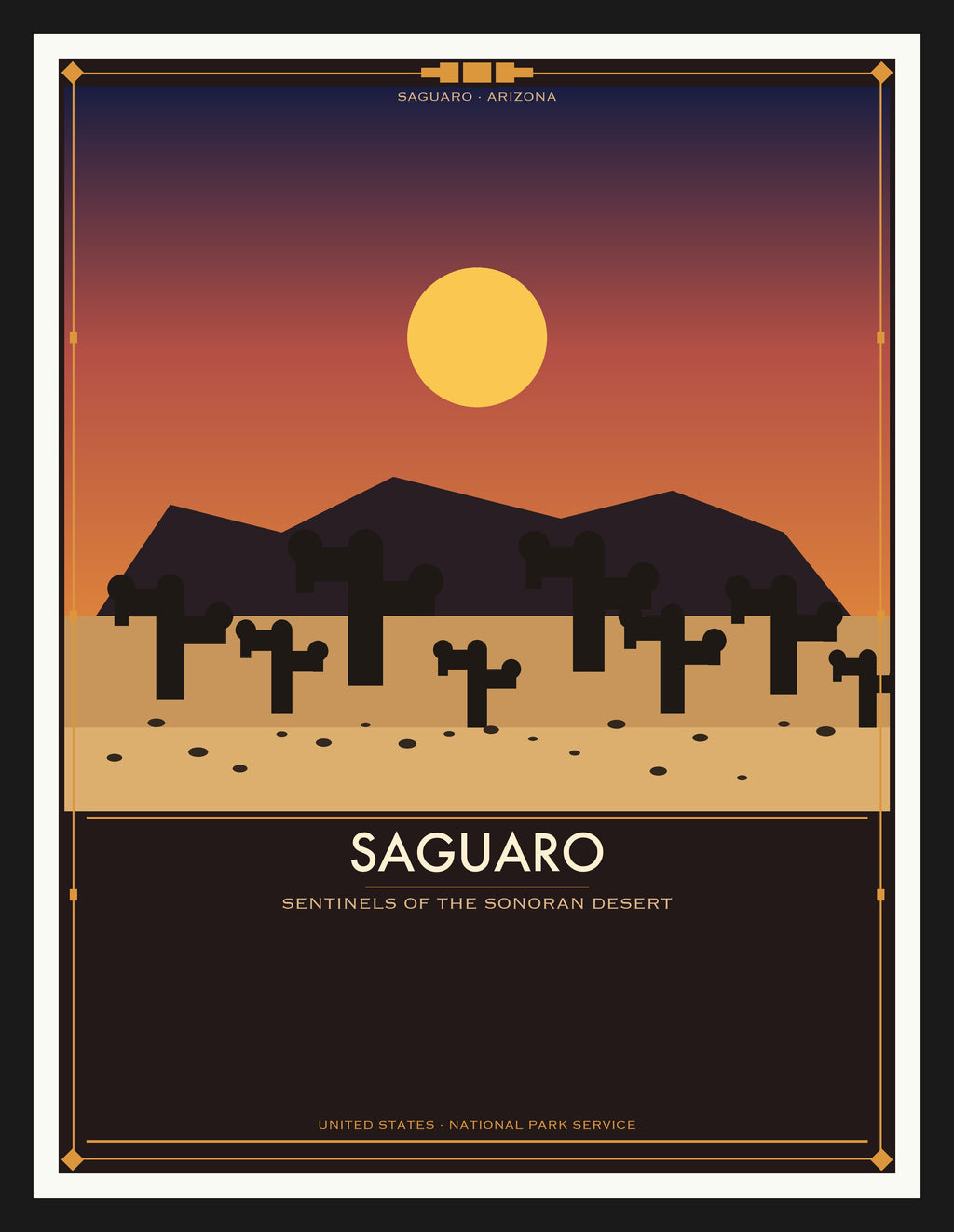 Saguaro National Park - Vintage WPA Style Travel Poster — Black Frame 18×24" Wall Art